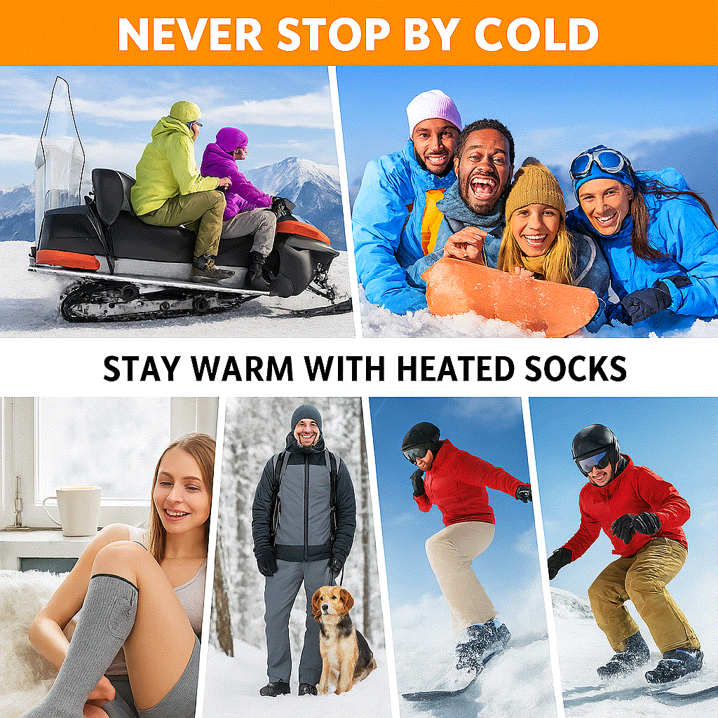 Group of people enjoying winter outdoor activities and cozy indoors wearing heated socks for warmth and comfort