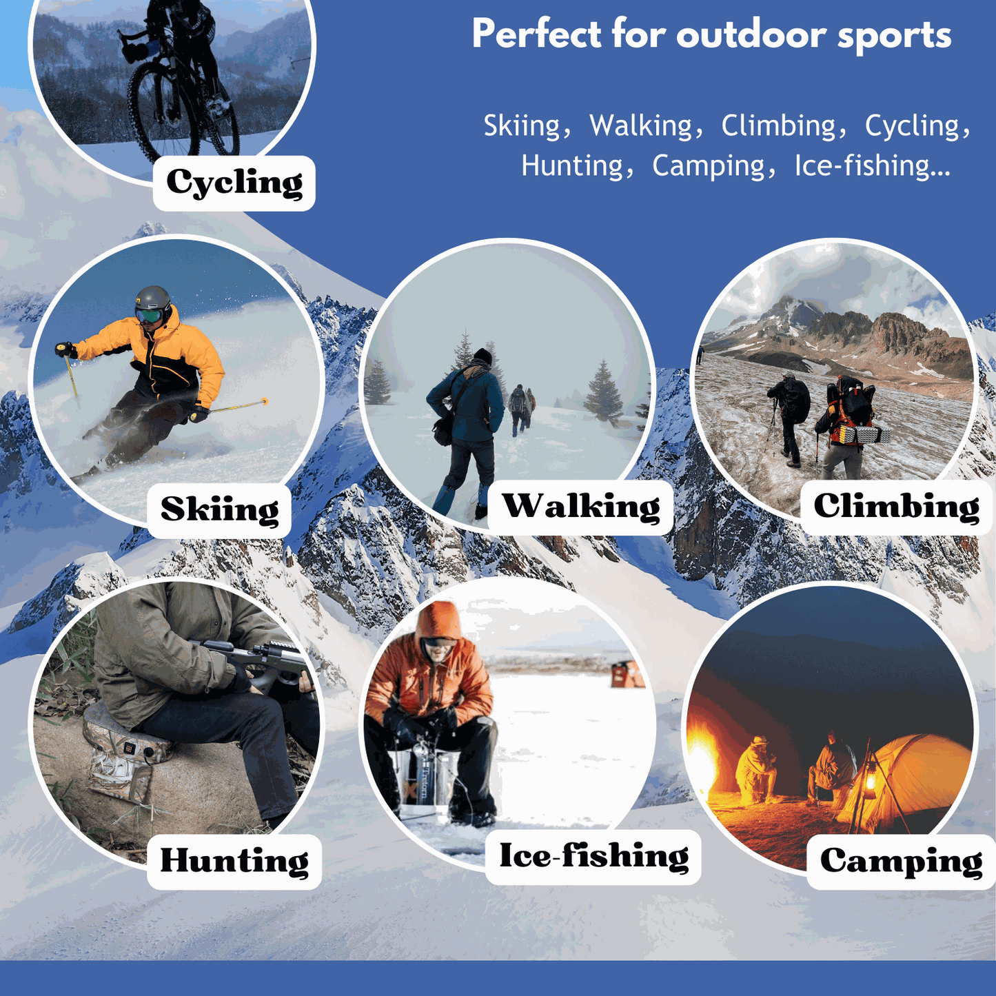 Heated socks with 4000 mAh battery for outdoor sports like skiing, hiking, climbing, cycling, hunting, ice-fishing, and camping.