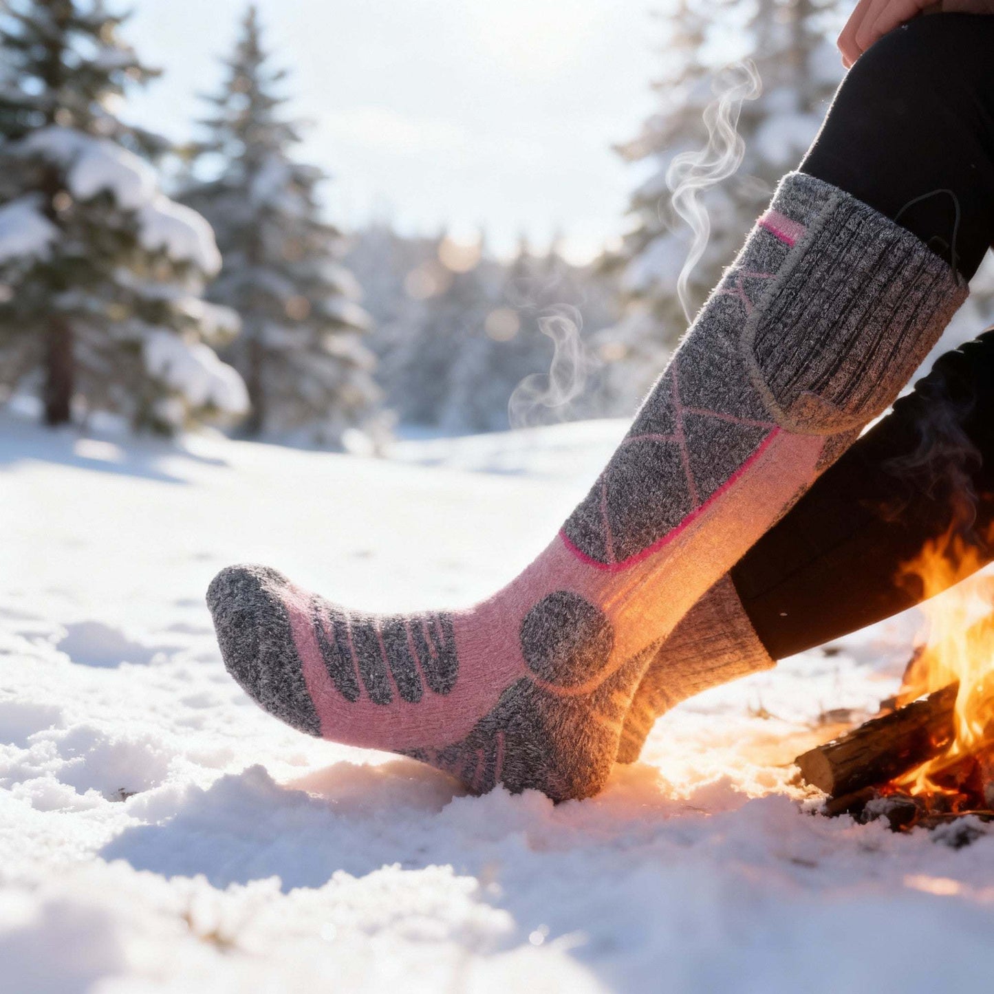 Heated socks with 4000 mAh battery warming feet outdoors in snow near fire