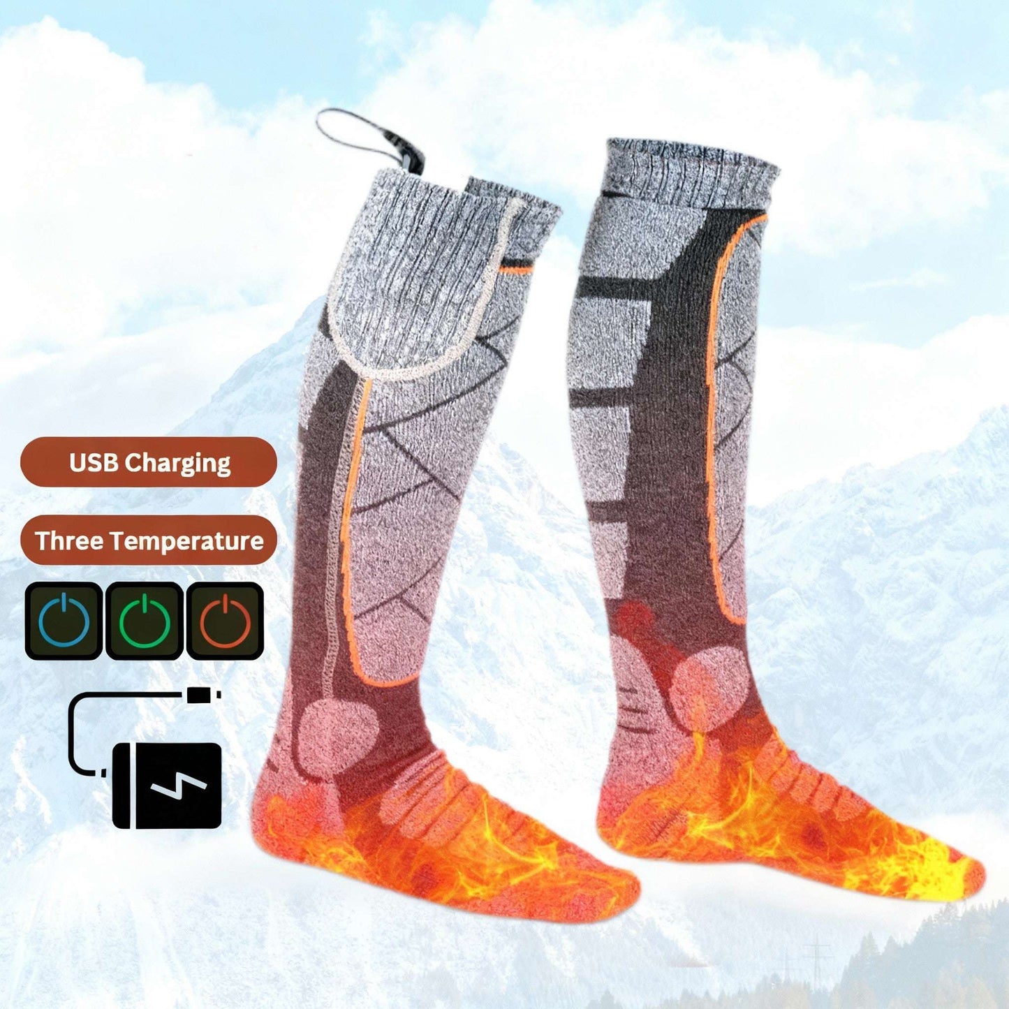 Grey heated socks with USB charging and three temperature settings, powered by 4000 mAh battery for long-lasting warmth in winter.