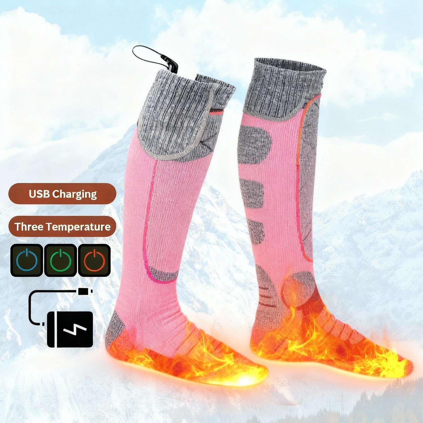Pink and gray heated socks with USB charging and three temperature settings for winter warmth