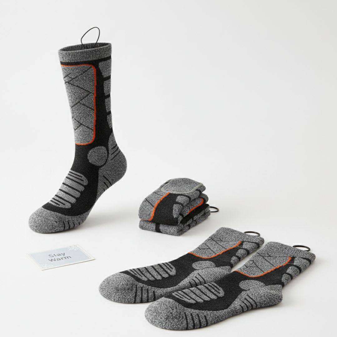 Heated socks with 4000mAh battery, washable, breathable fabric, and adjustable heat settings for winter warmth
