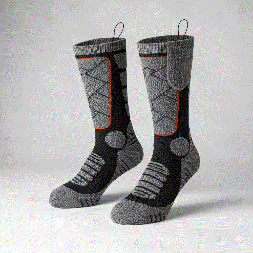 Pair of grey and black heated socks with orange accents, featuring a 4000 mAh rechargeable battery, washable fabric, and designed for winter warmth and comfort