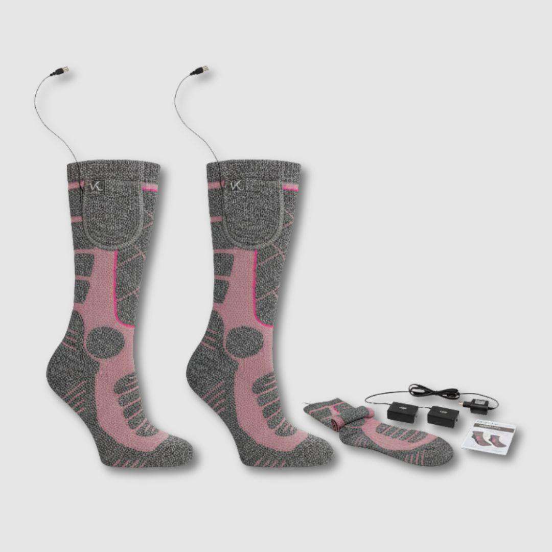 Gray and pink heated socks with 4000 mAh rechargeable batteries, USB charging cables, and washable design for winter warmth and comfort