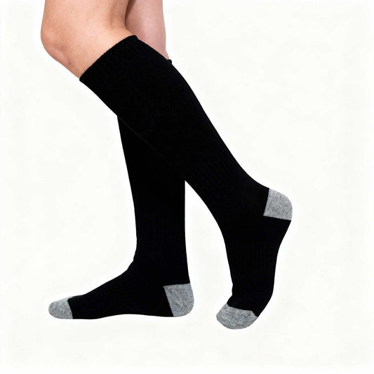 Black heated socks with grey toe and heel, knee-high, battery powered for warmth and comfort