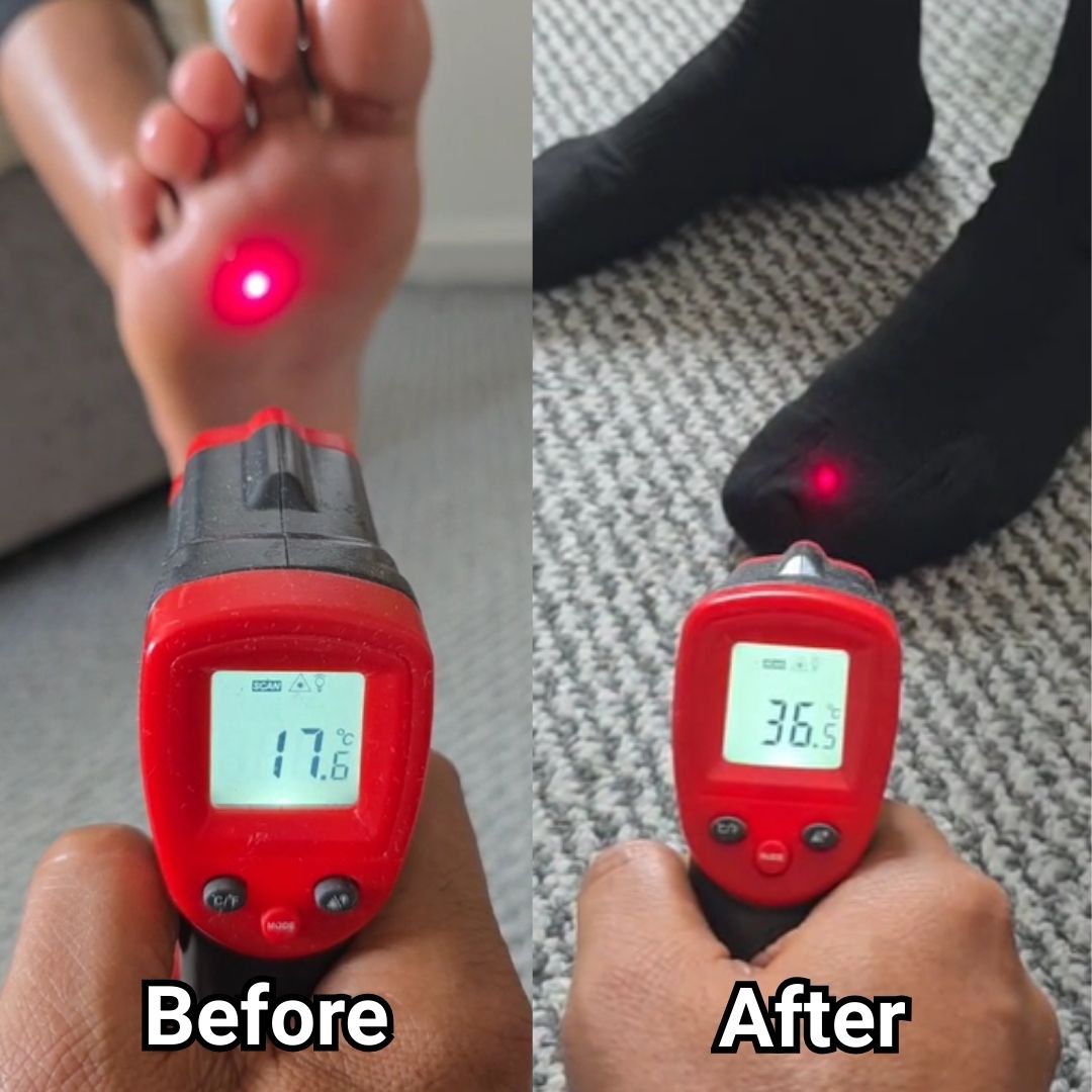Before and after of heated socks for cold feet