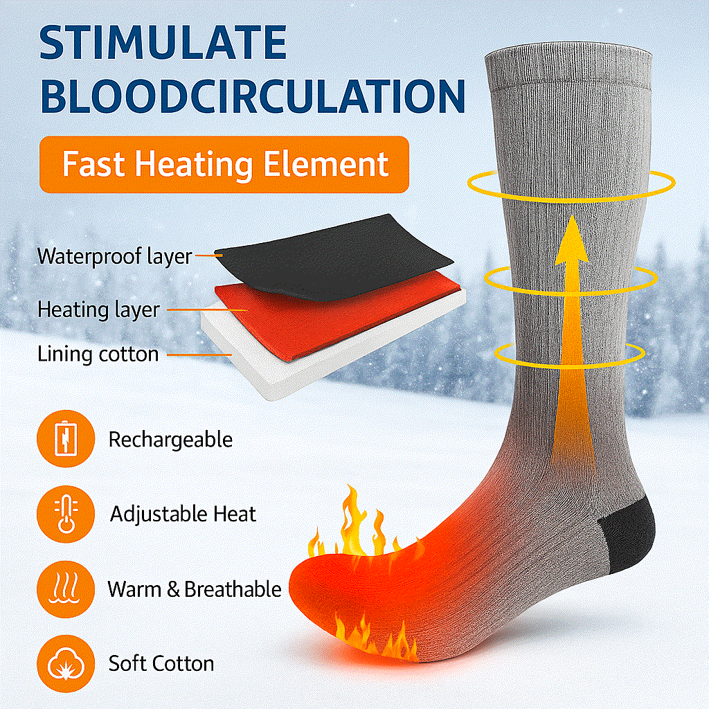Heated socks with fast heating element, waterproof layer, rechargeable battery, adjustable heat, and soft breathable cotton for stimulating blood circulation.
