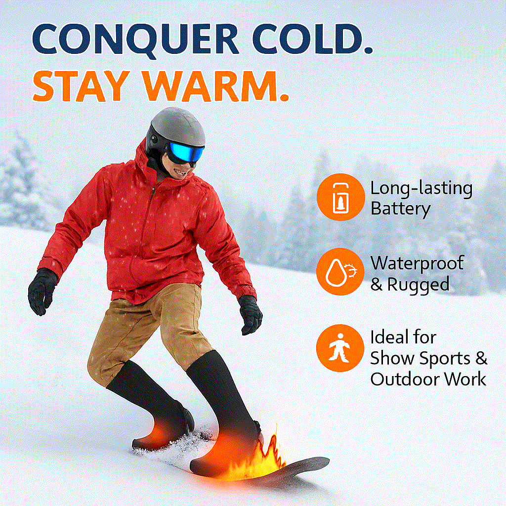 Man snowboarding wearing heated socks with long-lasting battery, waterproof and rugged features, ideal for snow sports and outdoor work