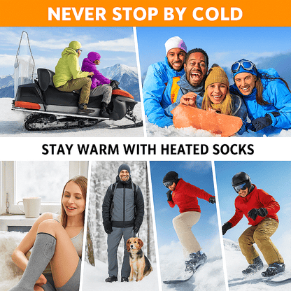 Group of people enjoying winter outdoor activities and cozy indoors wearing heated socks for warmth and comfort