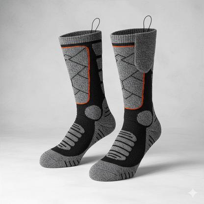 Pair of grey and black heated socks with orange accents, featuring a 4000 mAh rechargeable battery, washable fabric, and designed for winter warmth and comfort